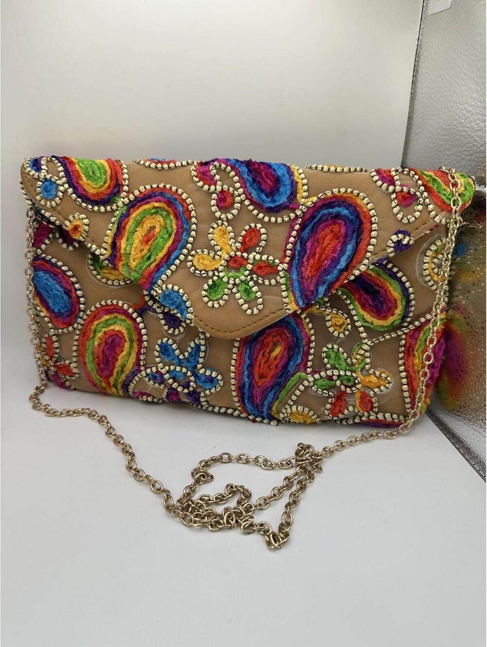 Vieta Handbag Paisley Flowers Gold Chain Hardware Bright Colors Y2k